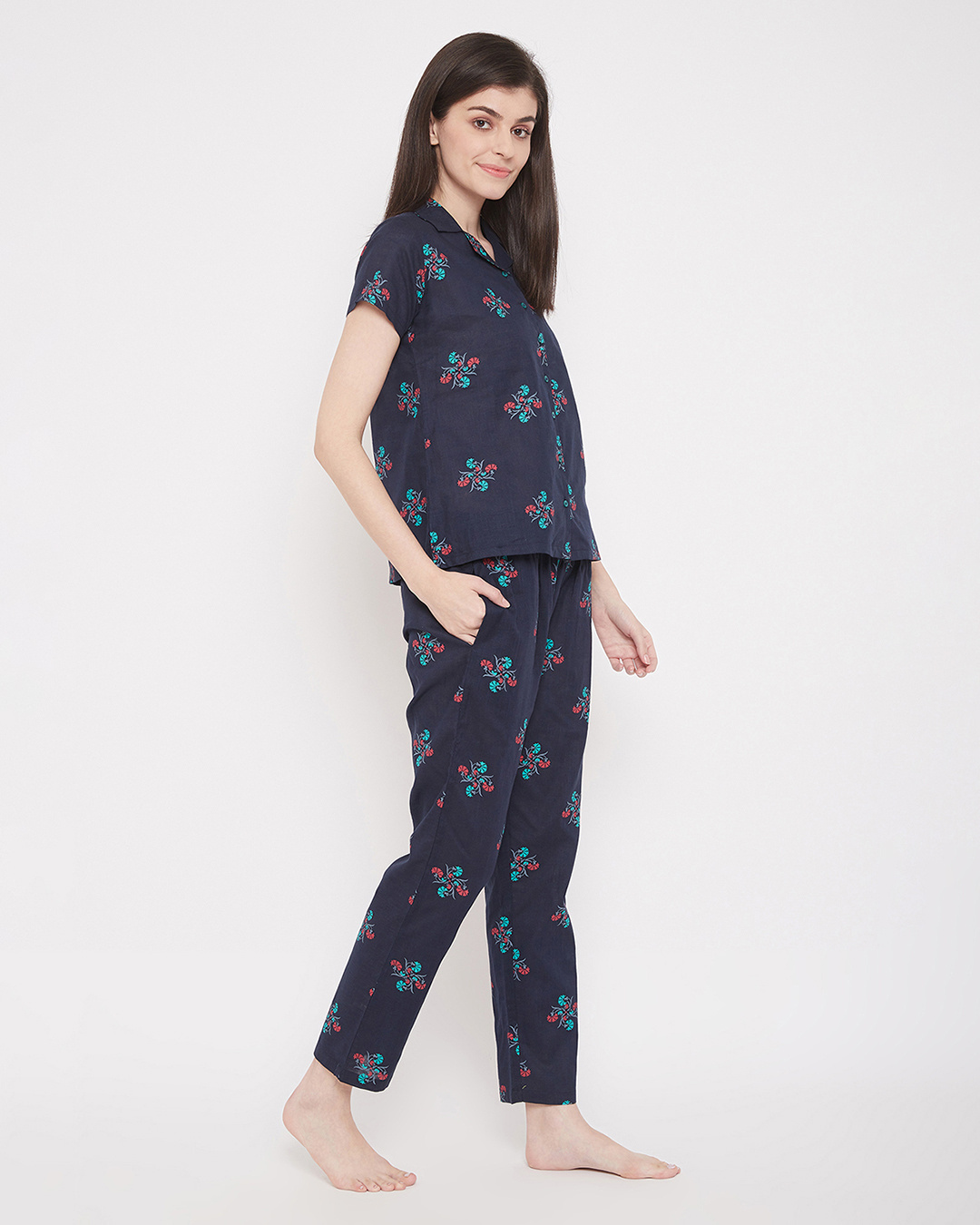 Shop Pretty Florals Button Me Up Shirt & Pyjama In Navy  100% Cotton-Back