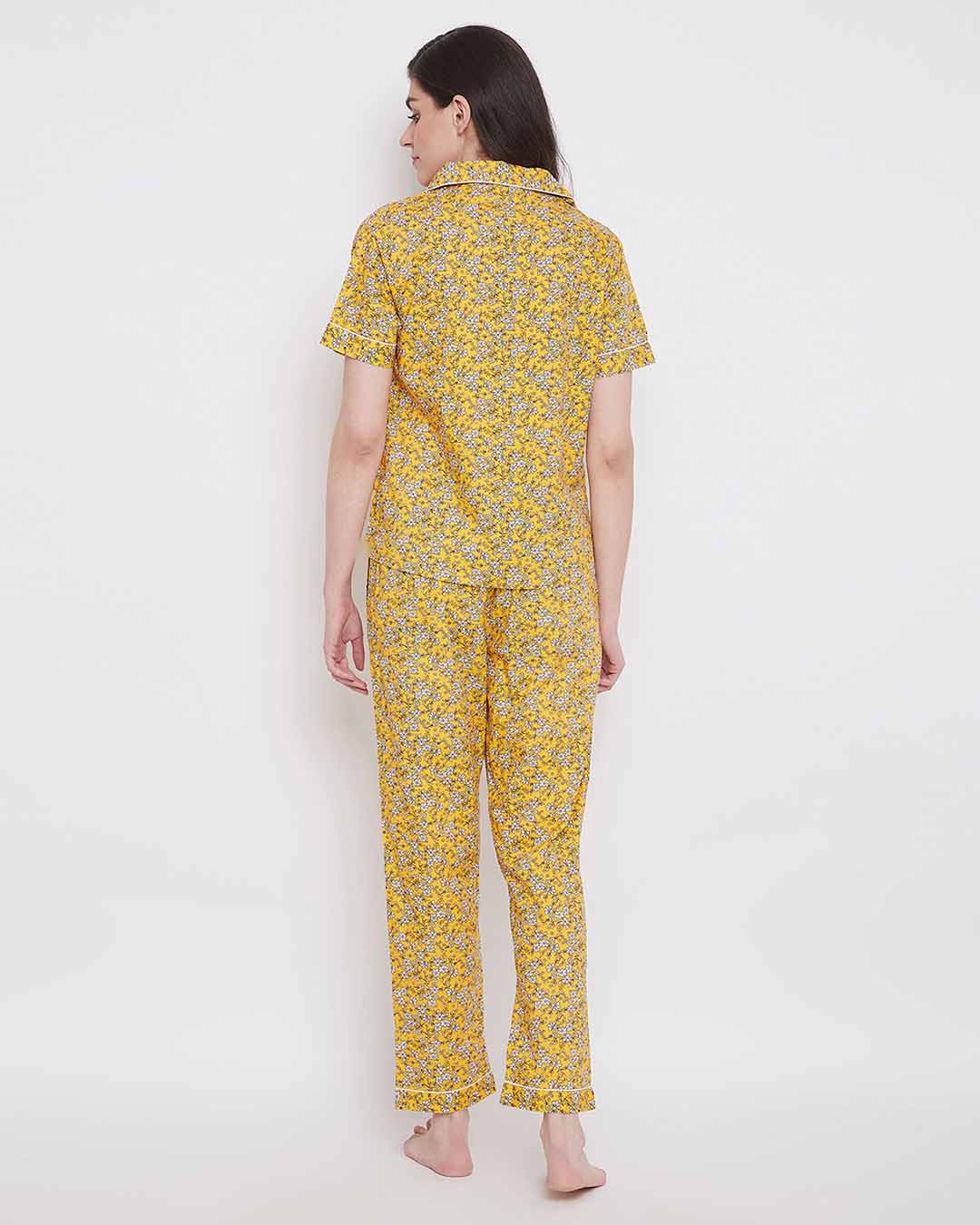 Shop Pretty Florals Button Me Up Shirt & Pyjama In Yellow  100% Cotton-Back