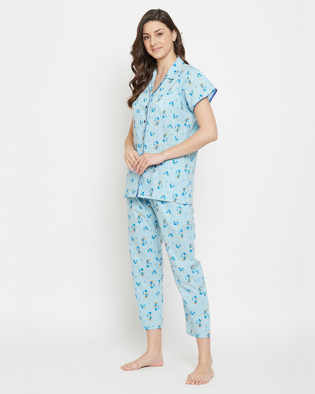 Shop Pretty Florals Button Me Up Shirt & Pyjama Set In Light Blue-Back
