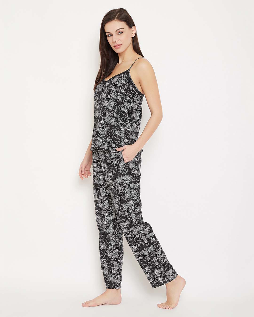 Shop Pretty Florals Cami Top & Pyjama In Black   Cotton Rich-Back