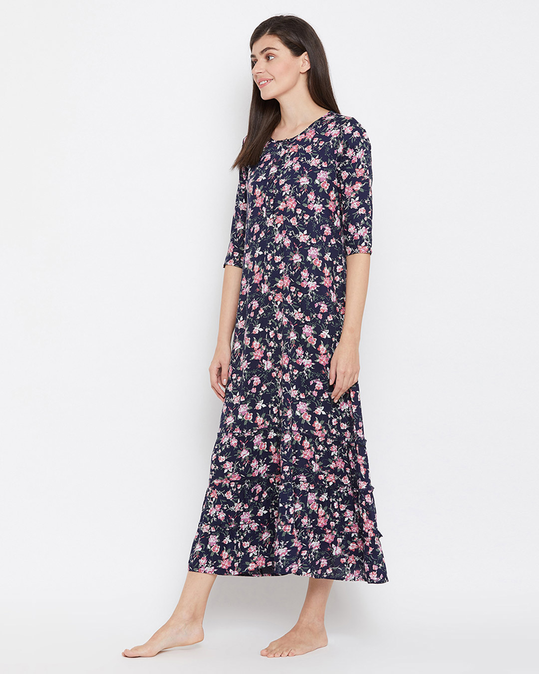 Shop Pretty Florals Long Night Dress In Navy-Back
