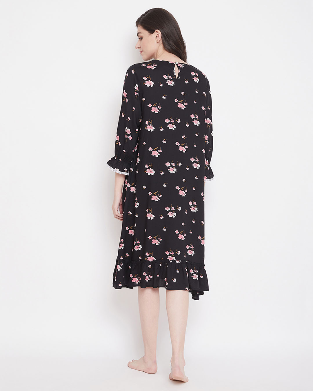 Shop Pretty Florals Mid Length Night Dress In Black-Back