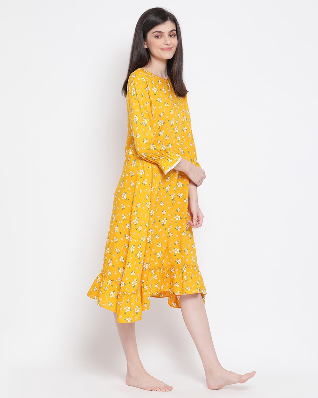 Shop Pretty Florals Mid Length Night Dress In Yellow   Cotton Rich-Back