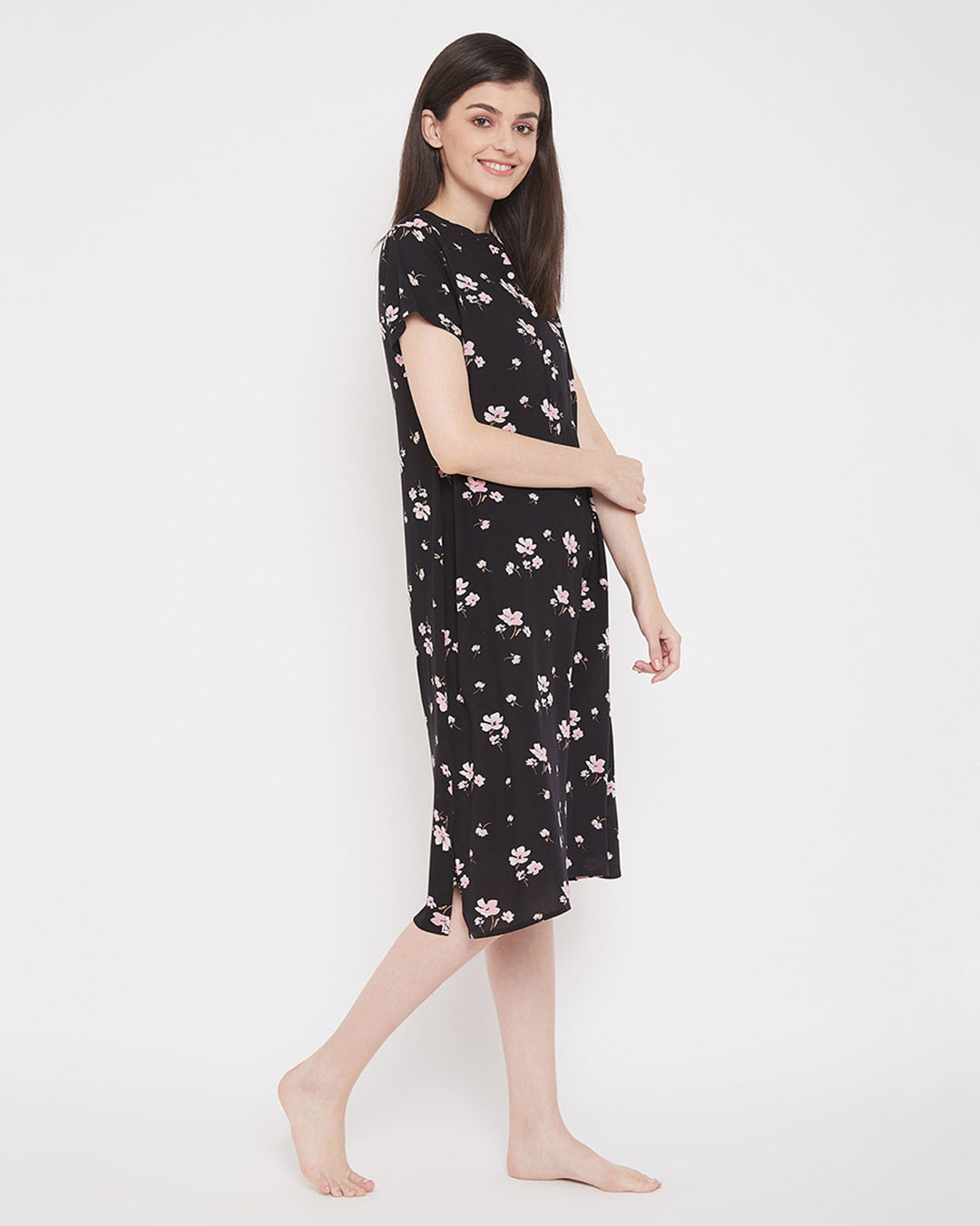 Shop Pretty Florals Mid Length Night Dress With Side Slits In Black   Rayon-Back