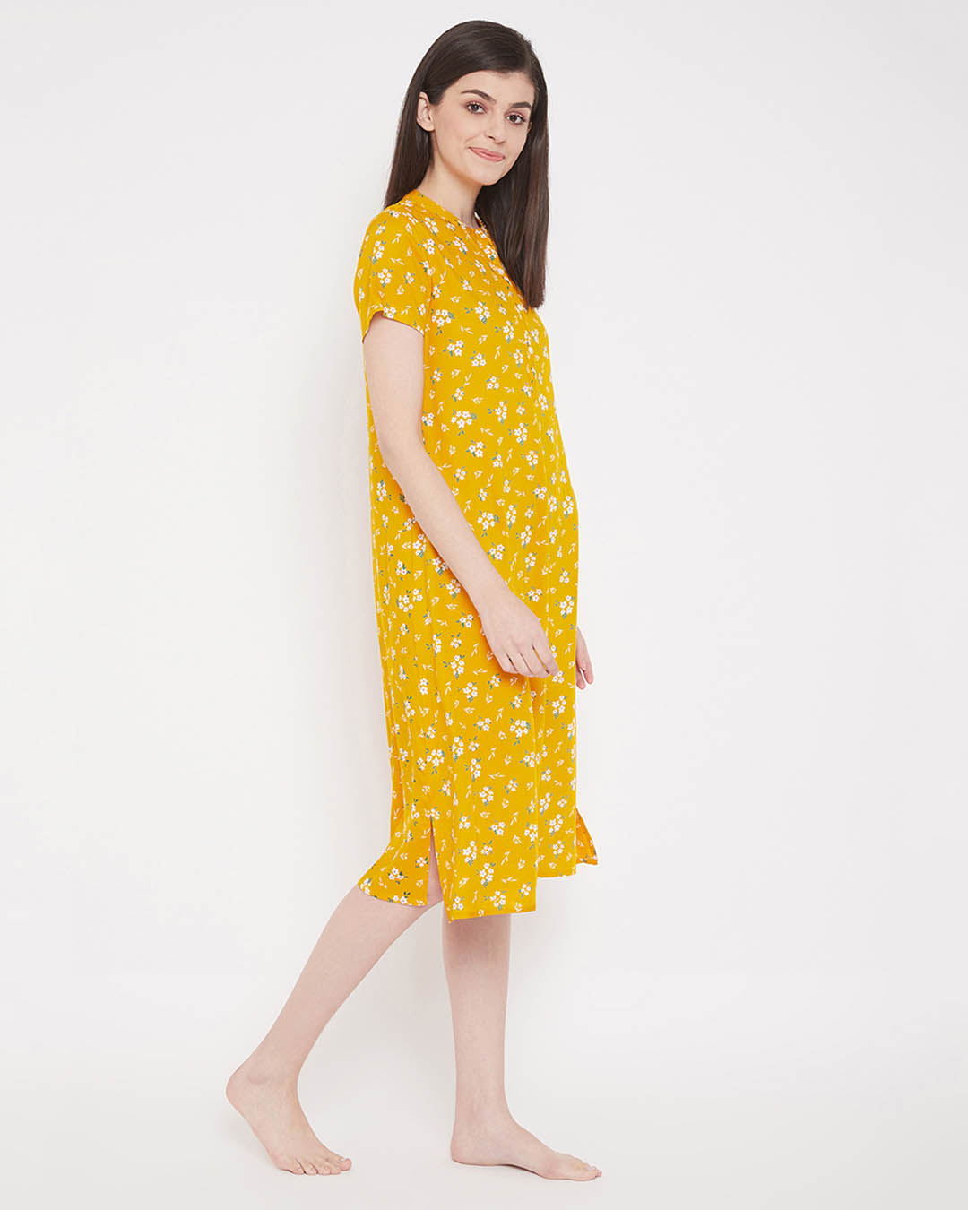 Shop Pretty Florals Mid Length Night Dress With Side Slits In Yellow   Rayon-Back