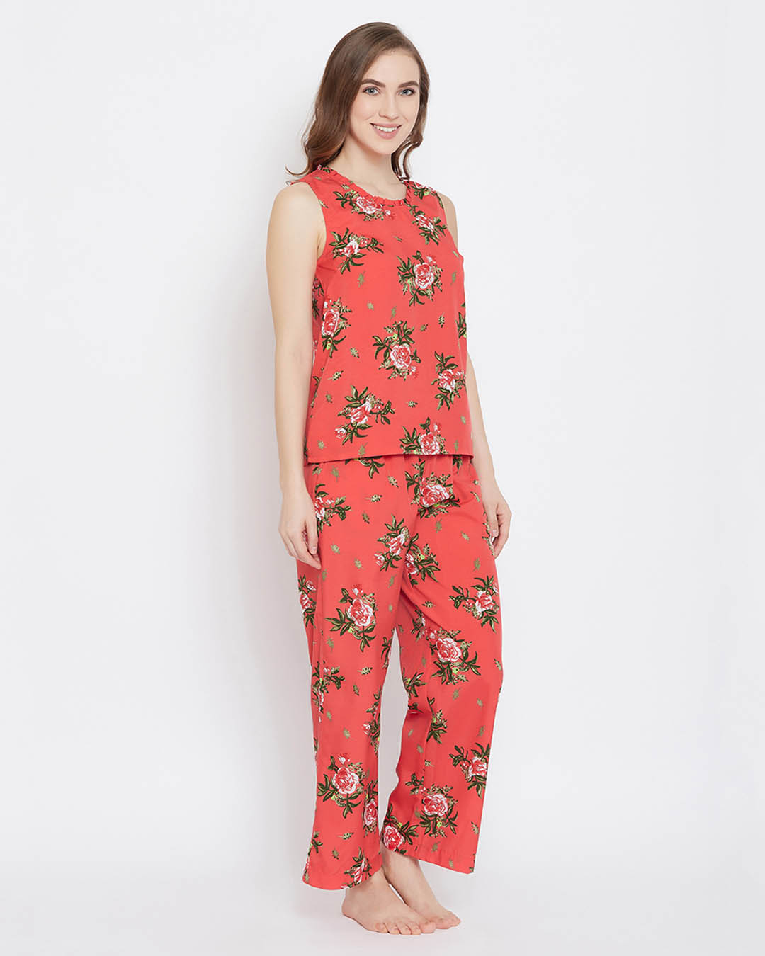 Shop Pretty Florals Top & Pyjama In Orange  Crepe-Back