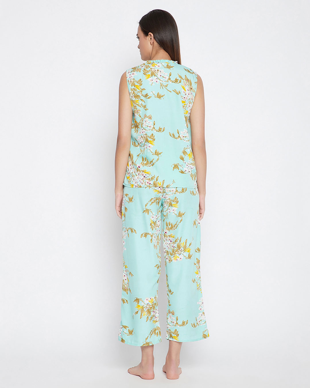 Shop Pretty Florals Top And Pyjama In Mint Green   Crepe-Back