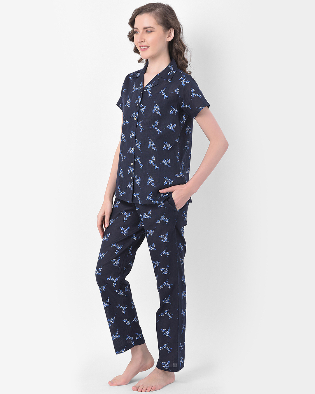 Shop Print Me Pretty Button Me Up Shirt & Pyjama In Navy  Crepe-Back