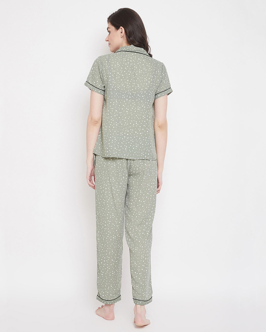 Shop Print Me Pretty Button Me Up Shirt & Pyjama In Sage Green  Crepe-Back