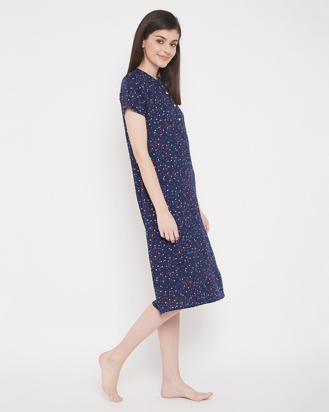 Shop Print Me Pretty Mid Length Night Dress With Side Slits In Navy   Rayon-Back