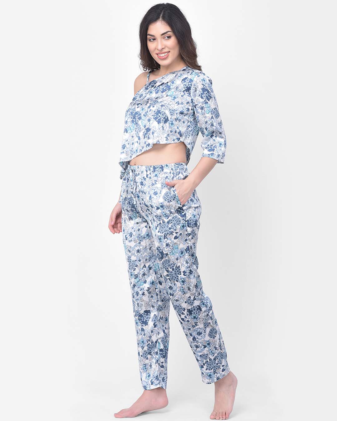Shop Print Me Pretty Top & Pyjama In Blue  Satin-Back