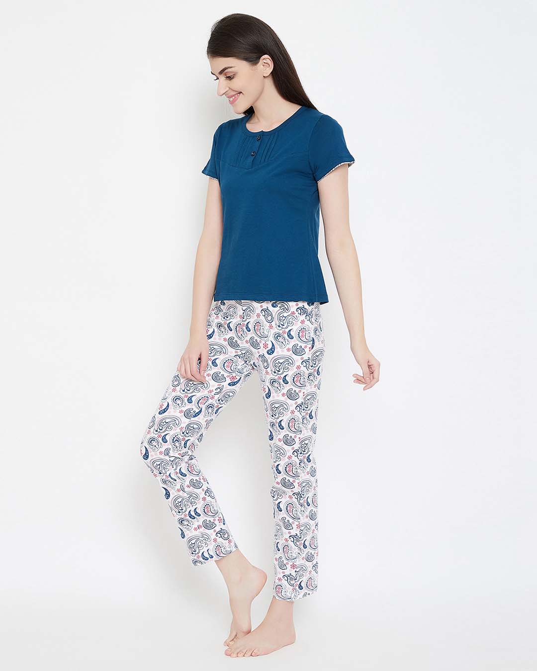Shop Print Me Pretty Top & Pyjama Set In Blue & White  100% Cotton-Back