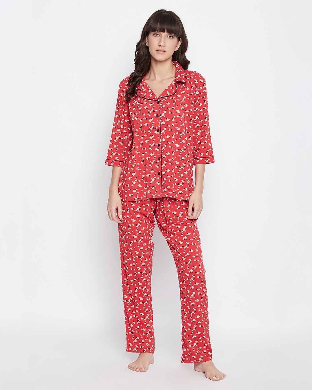 Buy Clovia Rayon Printed Button Down Shirt & Pyjama Set Online in India ...