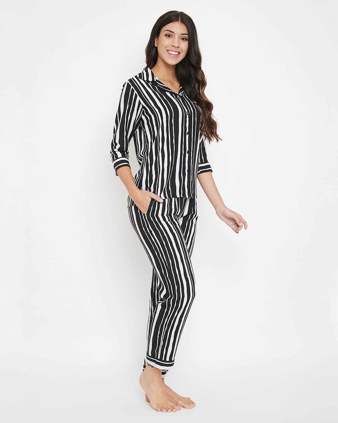 Shop Sassy Stripes Button Me Up Shirt & Pyjama In Black-Back