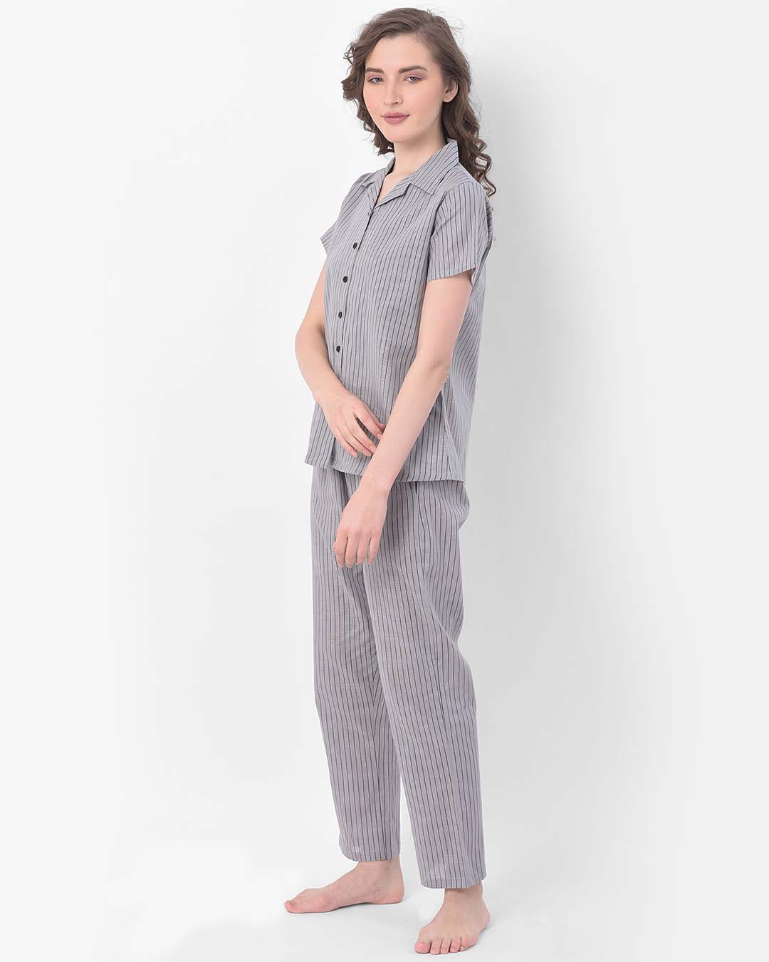 Shop Sassy Stripes Button Me Up Shirt & Pyjama In Grey  Crepe-Back