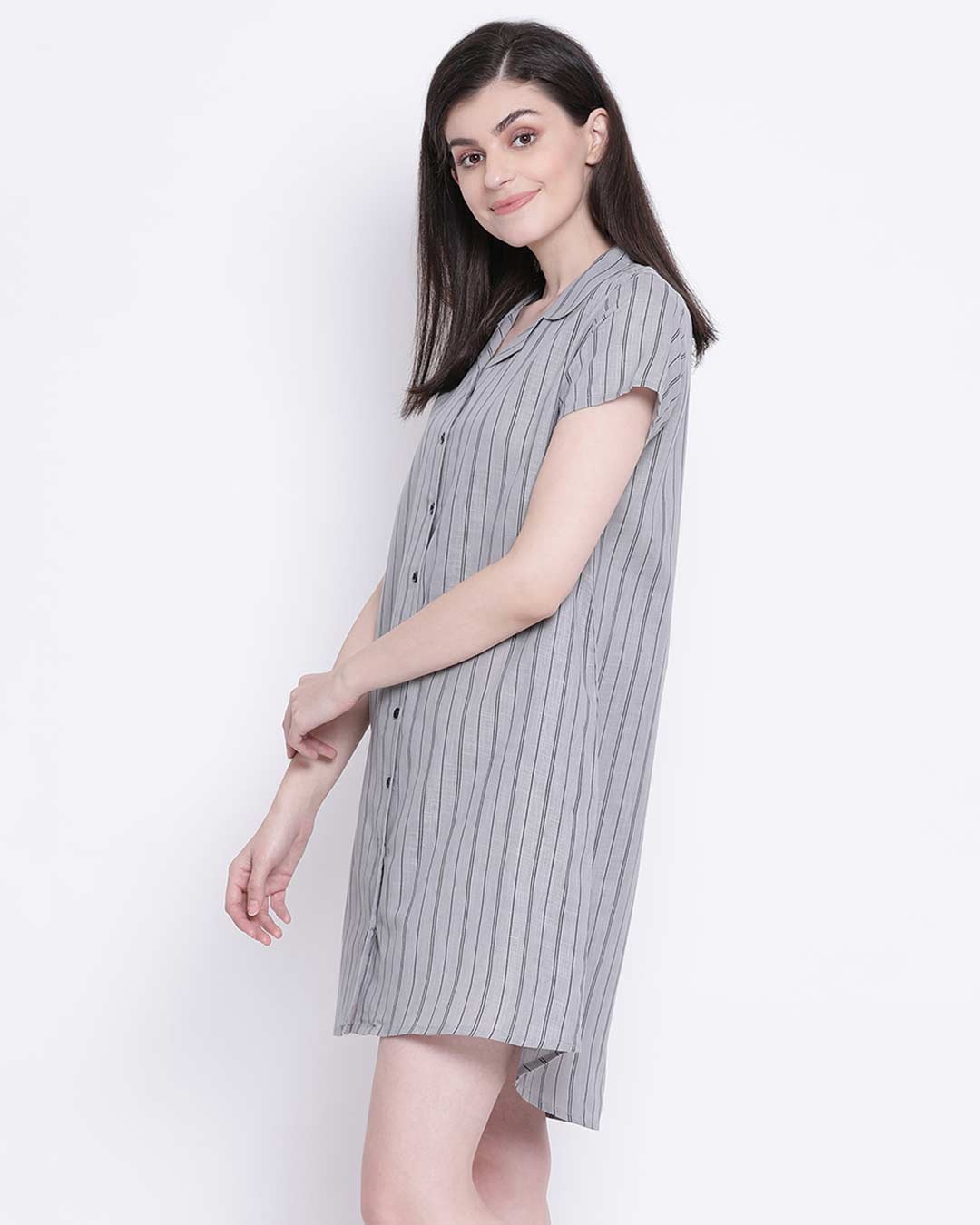 Shop Sassy Stripes Button Me Up Short Night Dress In Grey-Back
