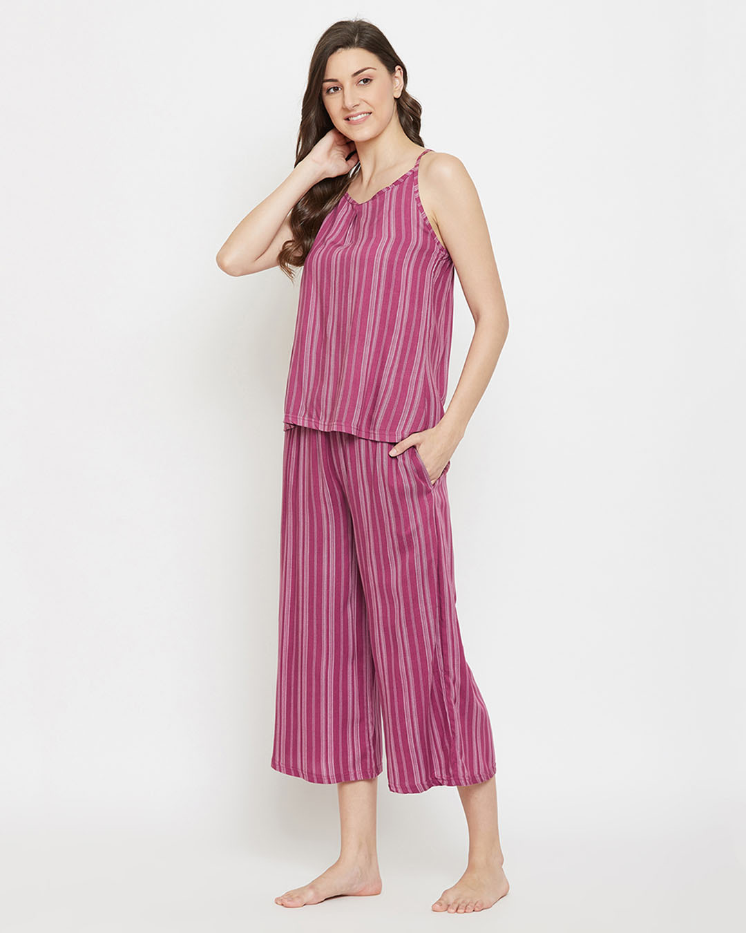 Shop Sassy Stripes Cami Top & Culottes In Dark Pink   Crepe-Back