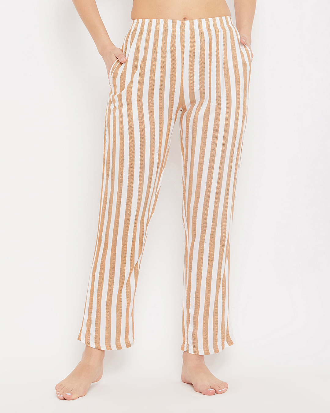 Buy Clovia Sassy Stripes Pyjamas in Beige Online in India at Bewakoof