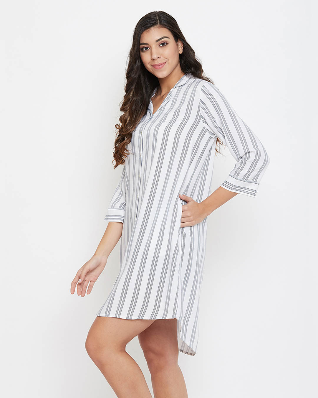 Shop Sassy Stripes Short Night Dress In White   Rayon-Back