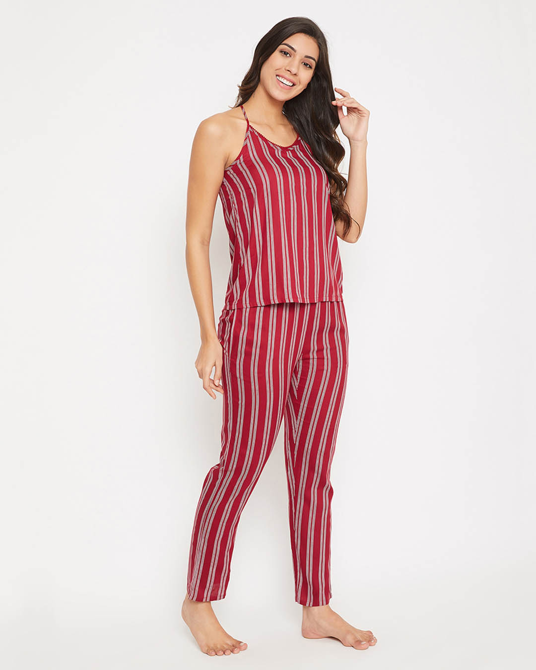 Shop Sassy Stripes Top, Pyjama & Robe Set In Maroon-Back