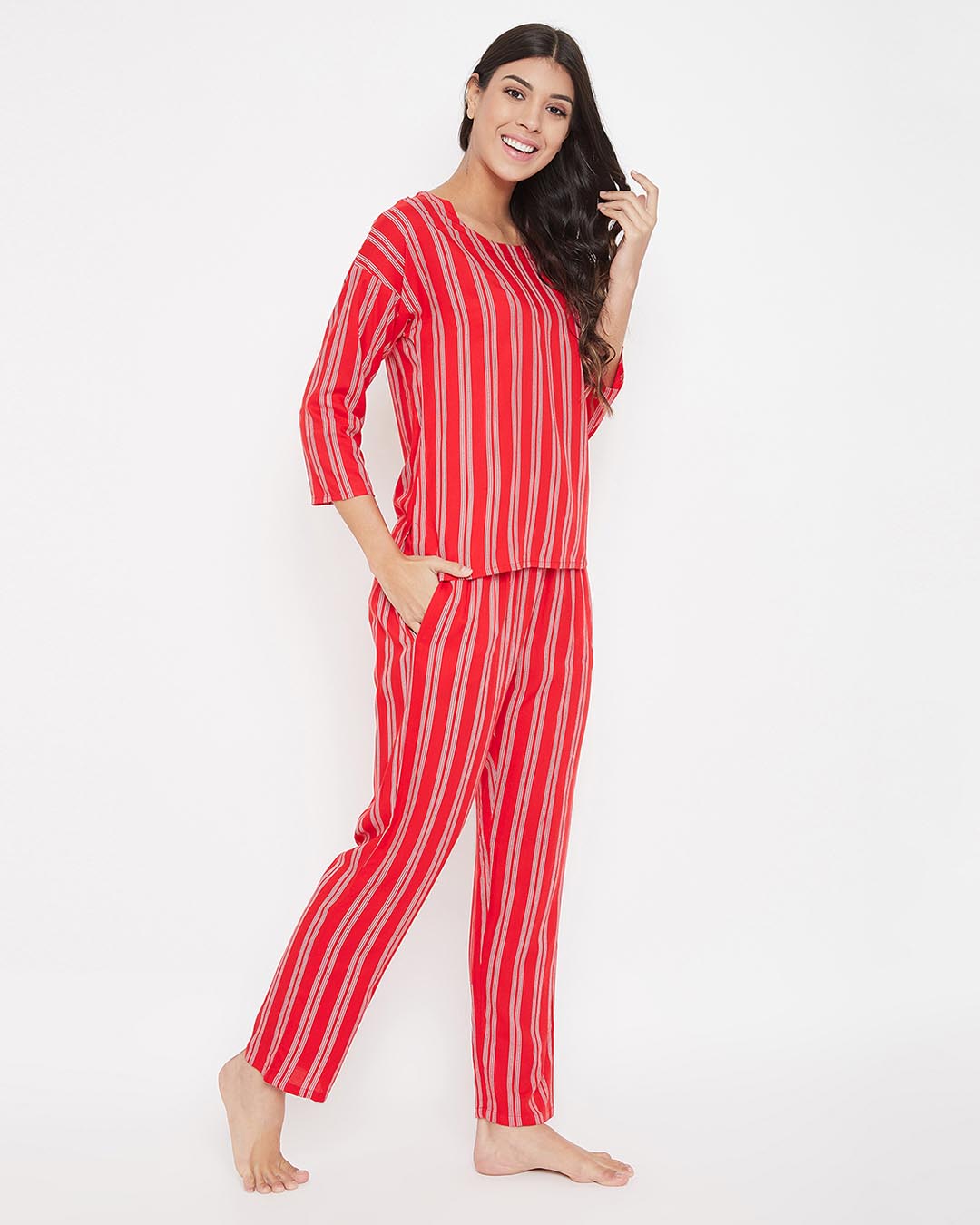 Shop Sassy Stripes Top & Pyjama Set In Red   Cotton Rich-Back