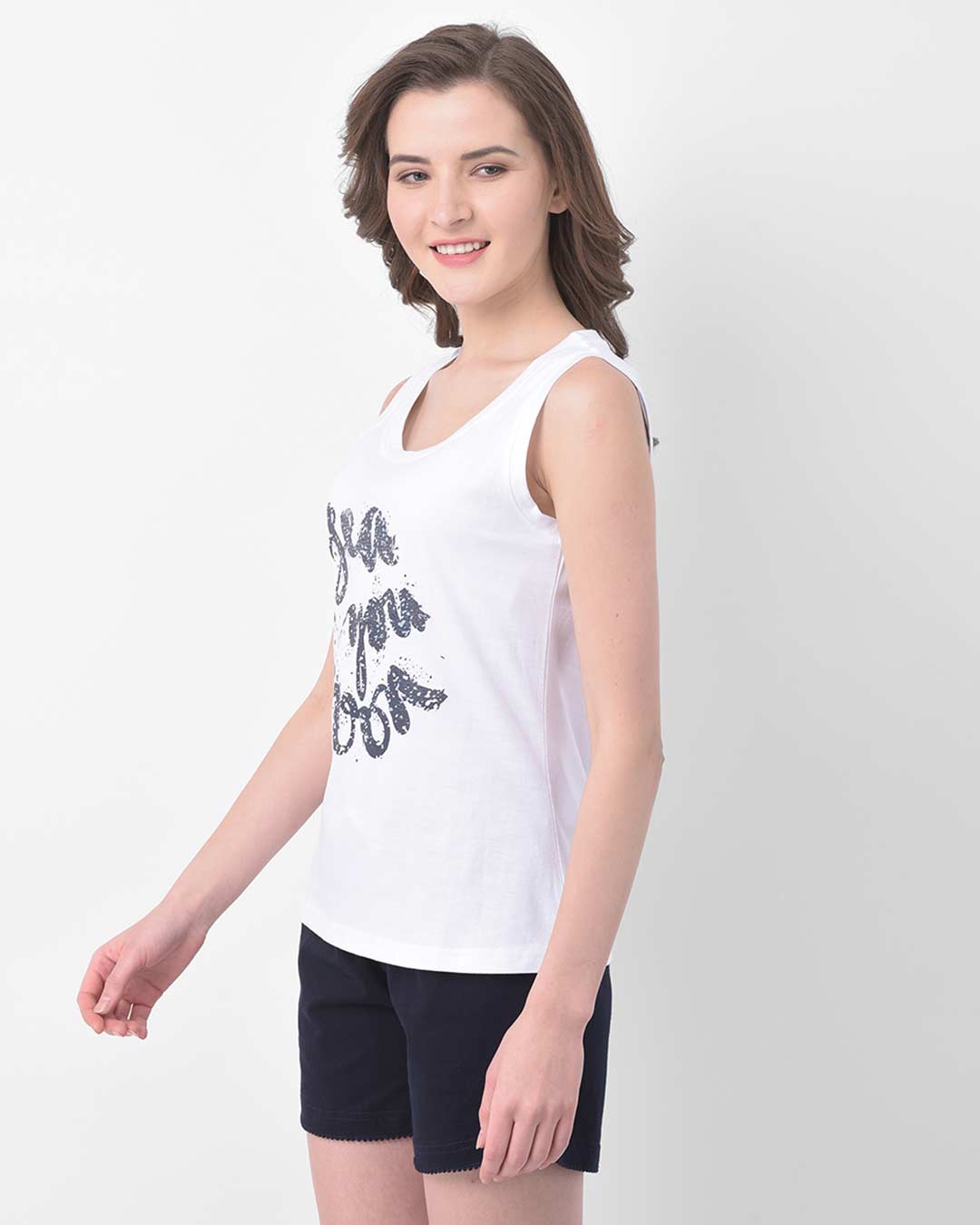 Shop Sea Life Text Print Sleeveless Top Shorts In White & Navy   100% Cotton-Back