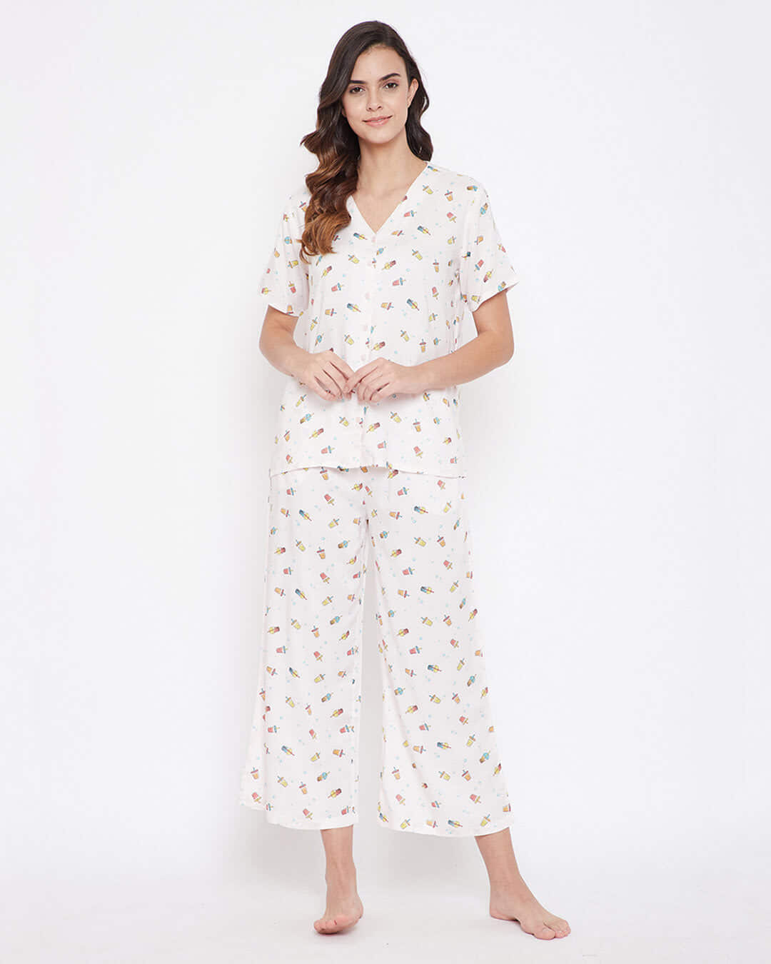 Shop Sipper Print Button Me Up Top & Pyjama In White   Cotton Rich-Front