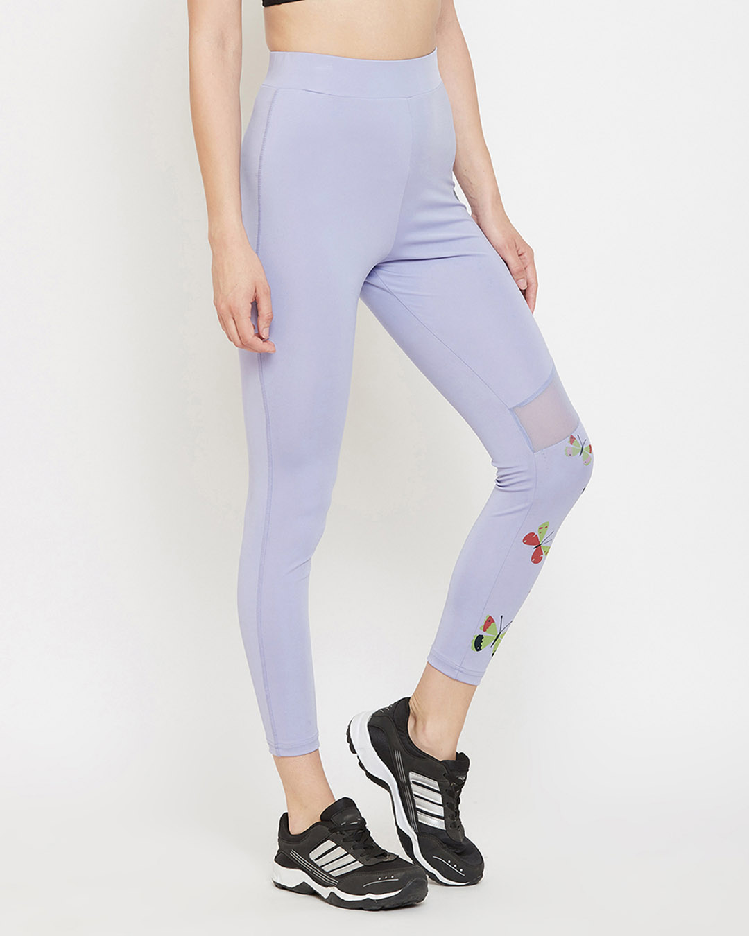 Shop Snug Fit High Rise Active Ankle Length Butterfly Print Tights In Lavender-Back
