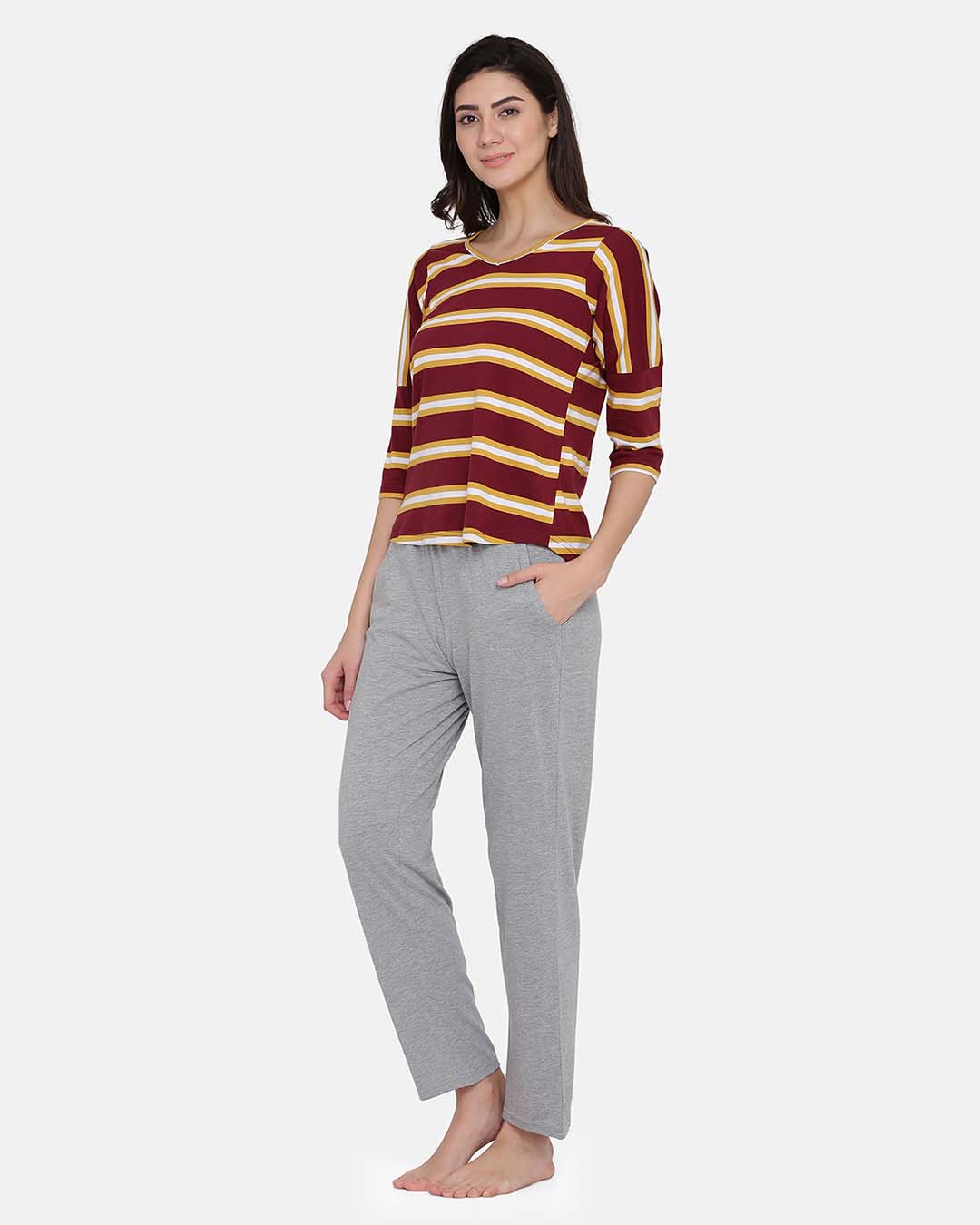 Shop Striped Top & Pyjama Set In Maroon & Grey   Cotton Rich-Back