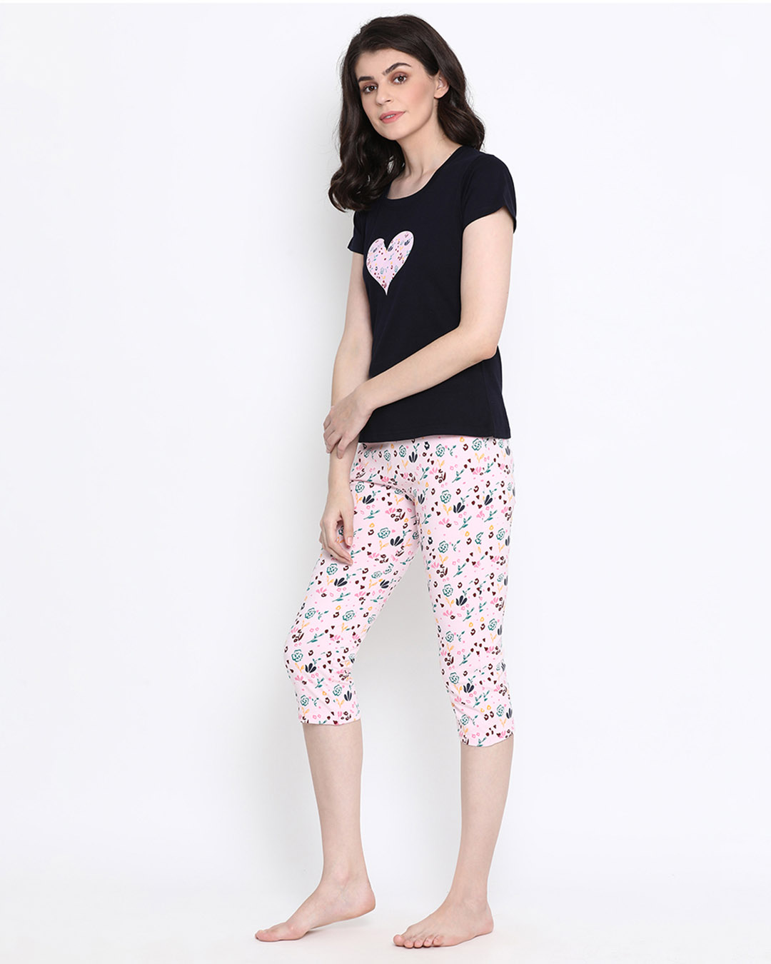 Shop Sweet Heart Top & Pyjama In Navy & Pink-Back