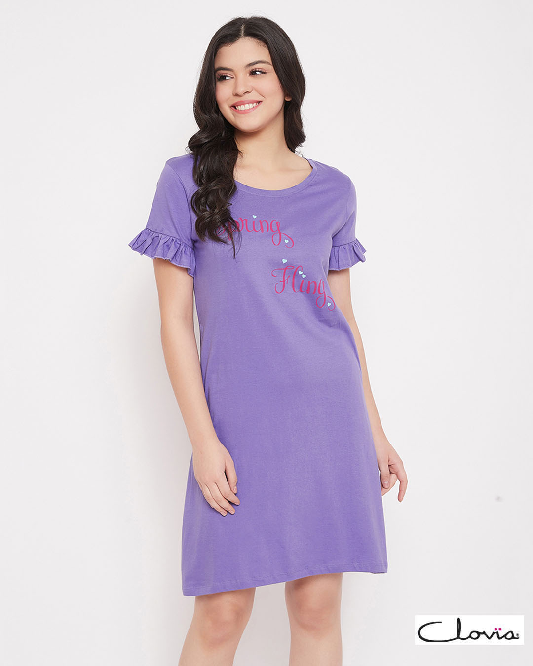 Buy Clovia Text & Heart Print Short Night Dress in Light Purple - 100% Cotton Online in India at 
