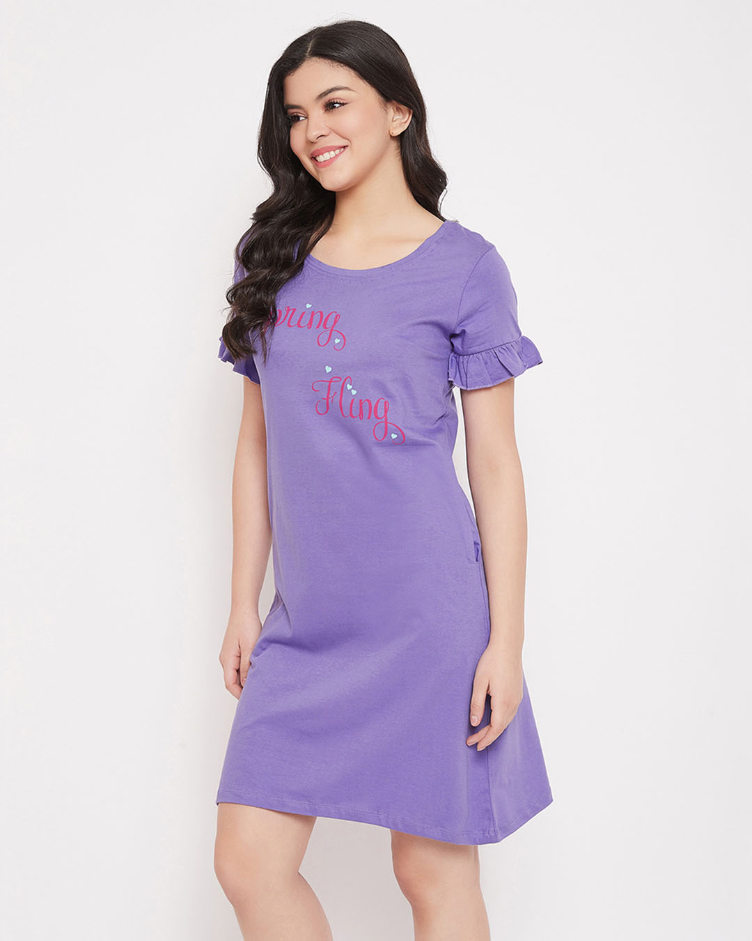 Shop Text & Heart Print Short Night Dress In Light Purple   100% Cotton-Back