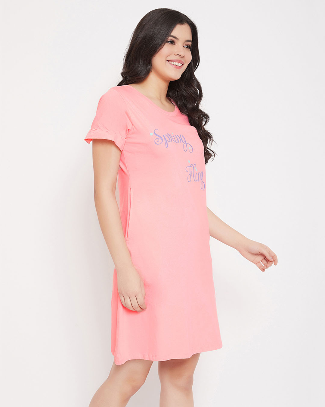 Shop Text Print Short Night Dress In Baby Pink   100% Cotton-Back