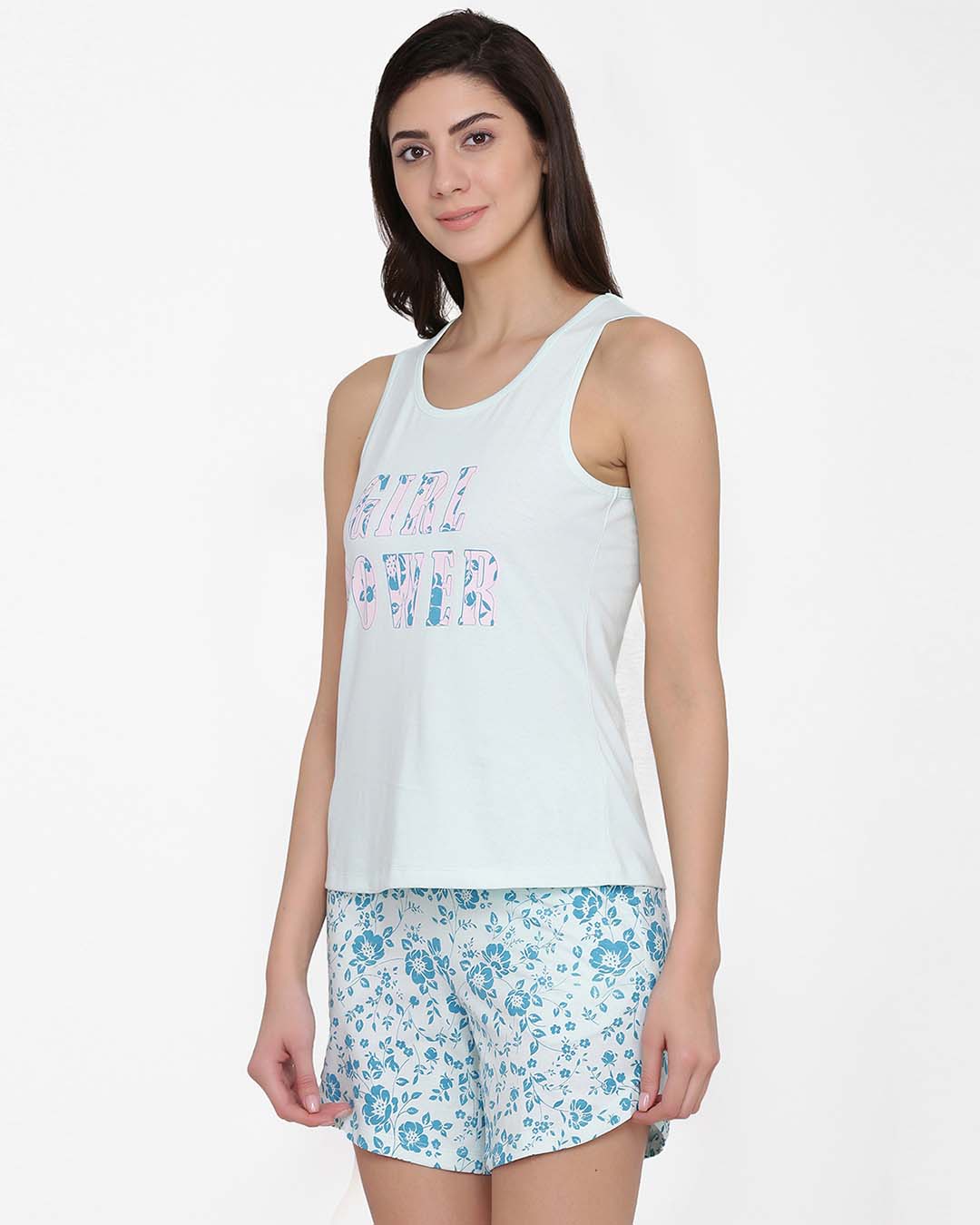Shop Text Print Top & Floral Print Shorts Set In Light Blue  100% Cotton-Back