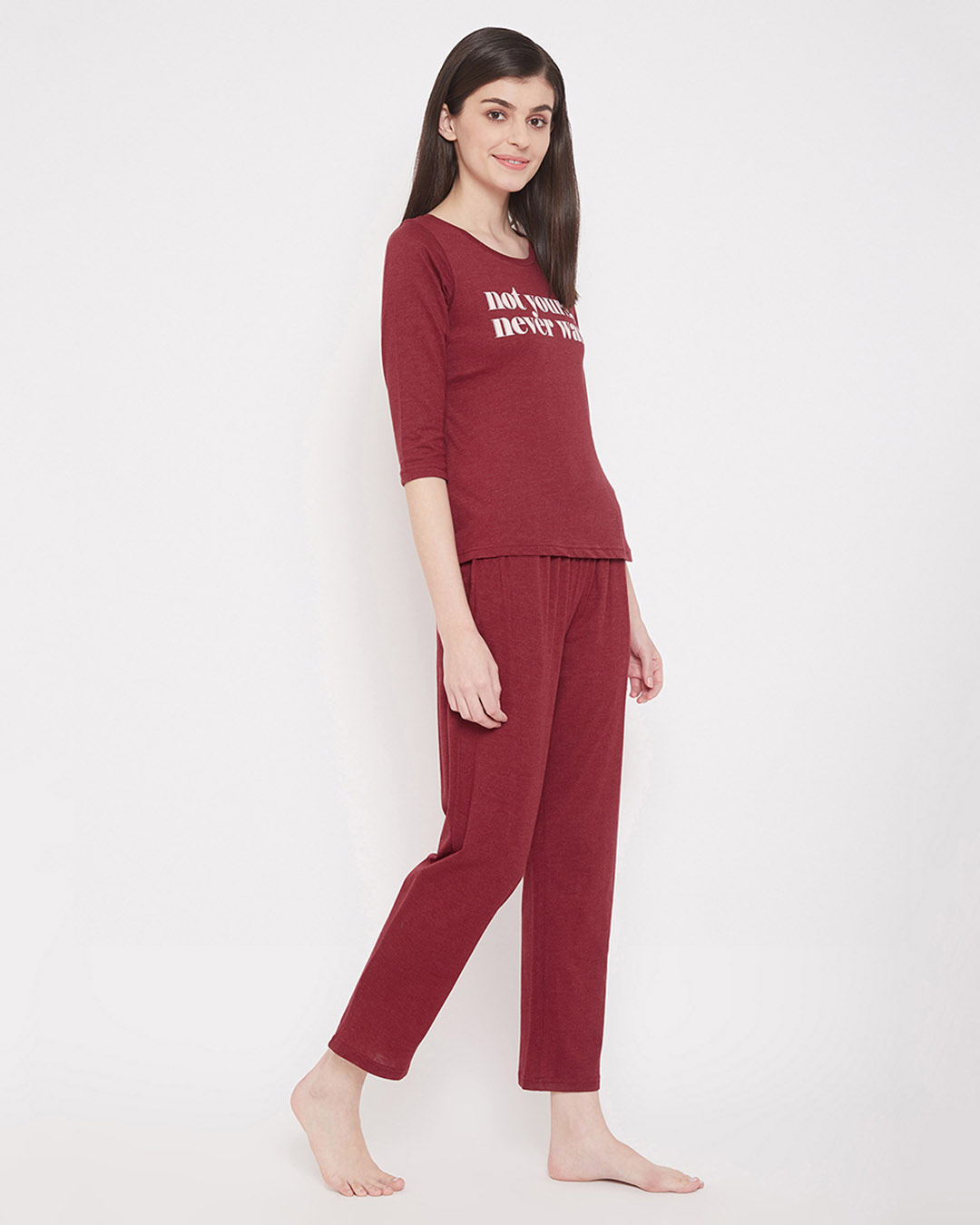 Shop Text Print Top & Pyjama In Maroon   Cotton Rich-Back