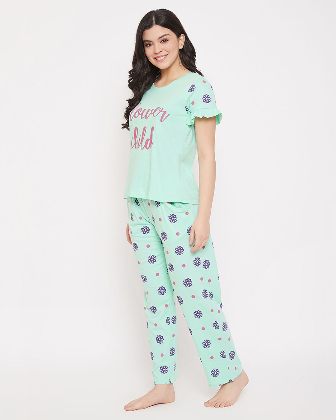 Shop Text Print Top & Pretty Florals Pyjama In Sea Green   100% Cotton-Back