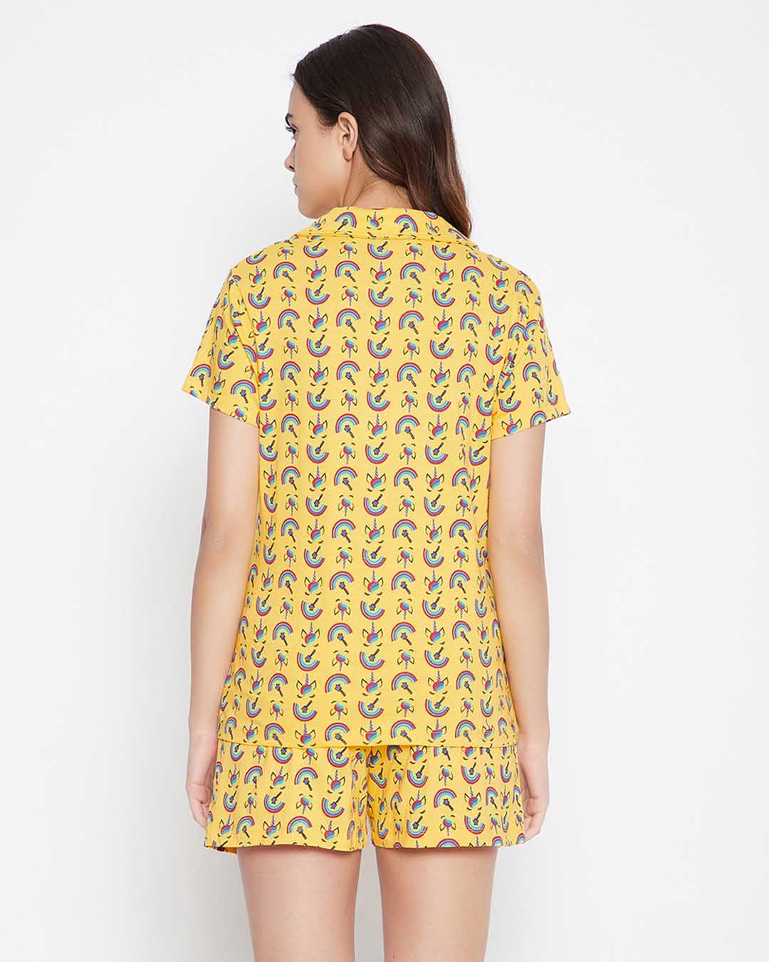 Shop Unicorn Print Button Me Up Shirt And Shorts Set In Yellow   Pure Cotton-Back