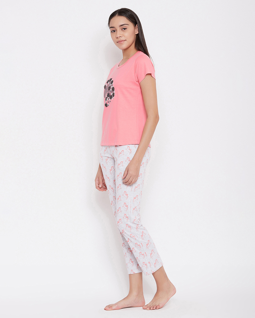 Shop Unicorn Top & Pyjama Set In Coral Pink  Cotton-Back