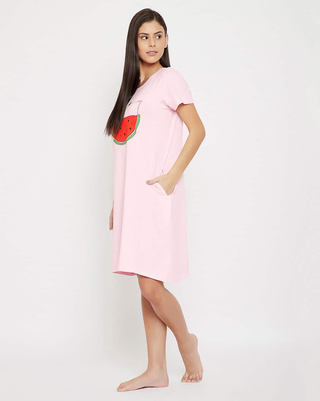 Shop Watermelon Print Short Night Dress In Baby Pink   100% Cotton-Back