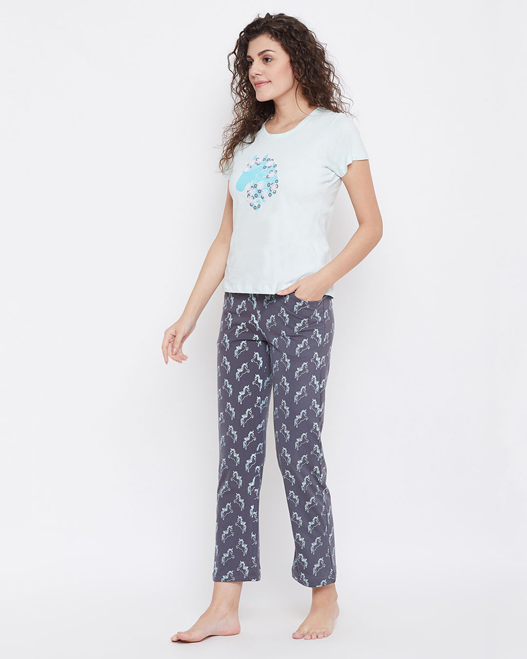 Shop Wild At Heart Top & Pyjama Set In Blue & Grey-Back