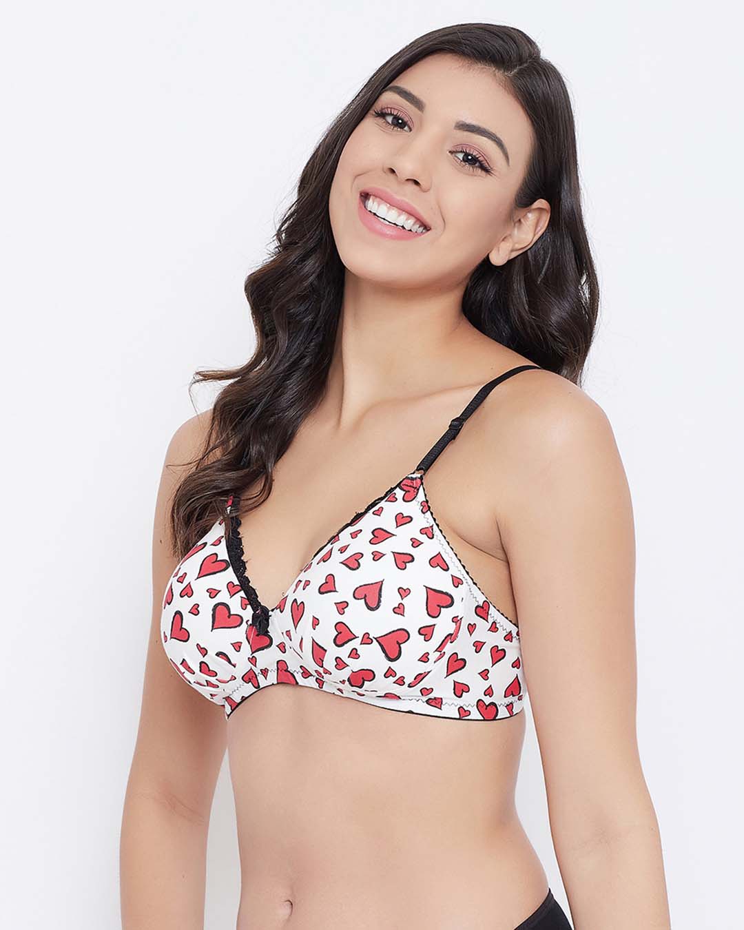 Shop Padded Non Wired Full Cup Heart Print T-Shirt Bra In White Cotton-Back