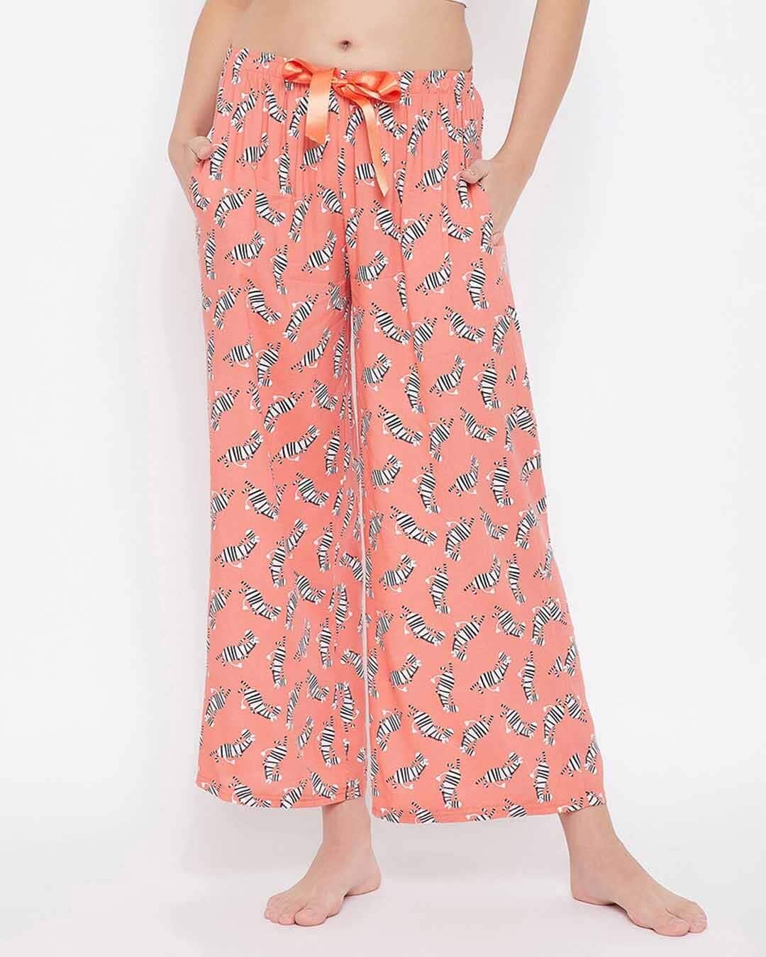 Shop Zebra Print Flared Pyjama In Peach   Rayon-Front