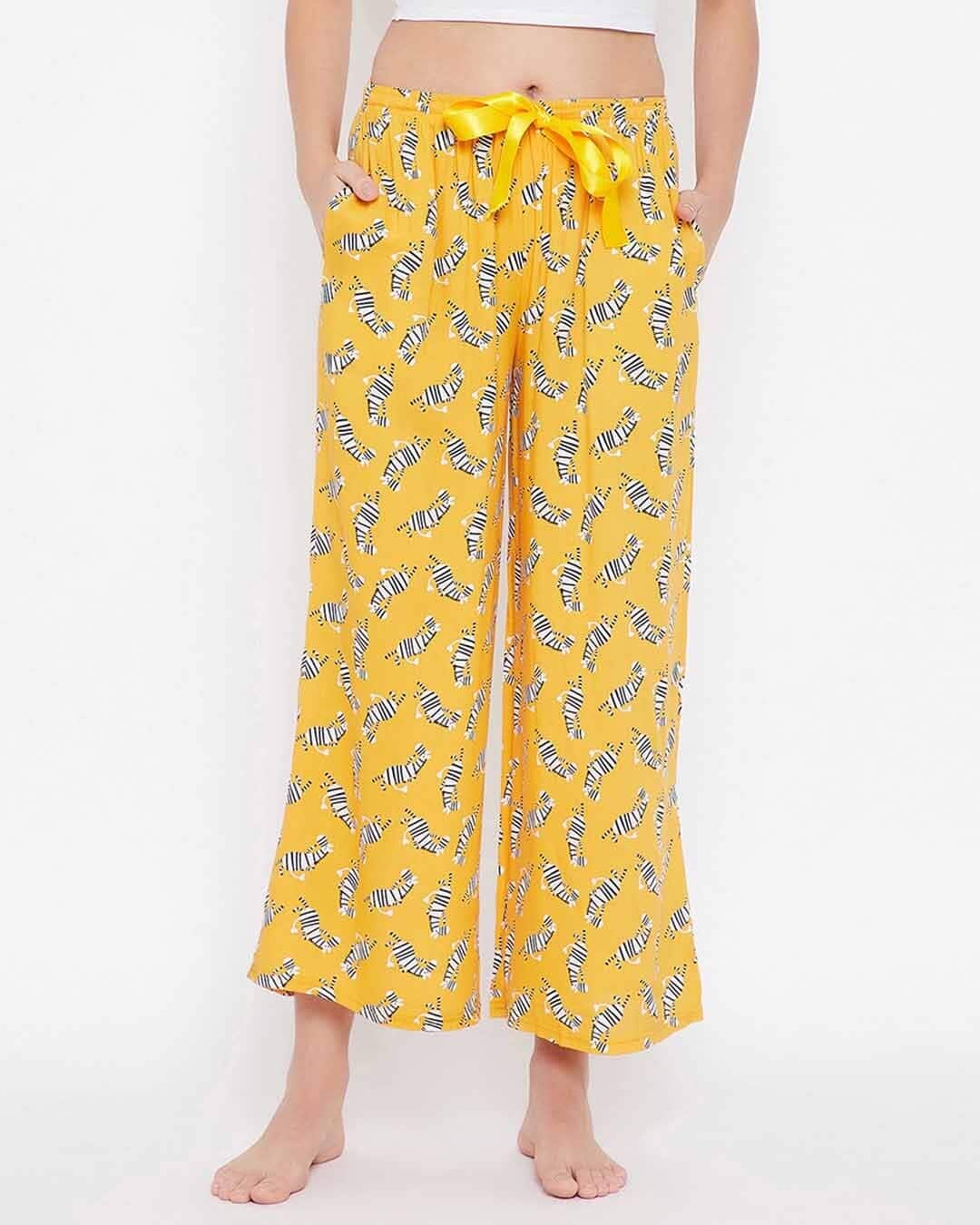Shop Zebra Print Flared Pyjama In Yellow   Rayon-Front