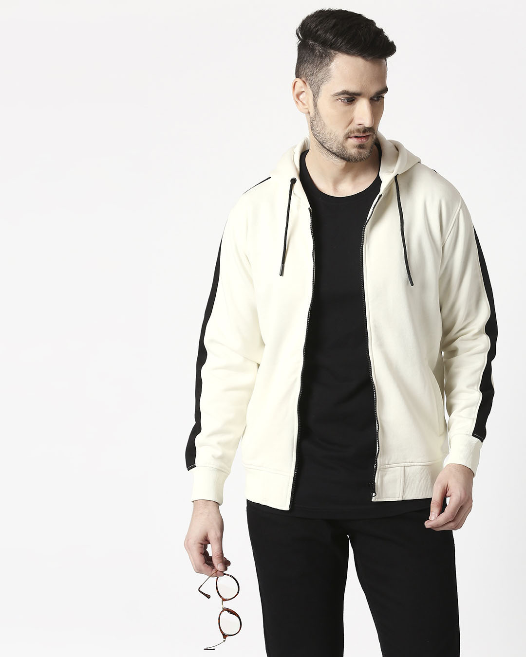 

Coconut Milk - Black Sleeve Panel Zipper Hoodie Men' Plain Side Panel Zipper Sweatshirt Hoodie Bewakoof.com, White-black