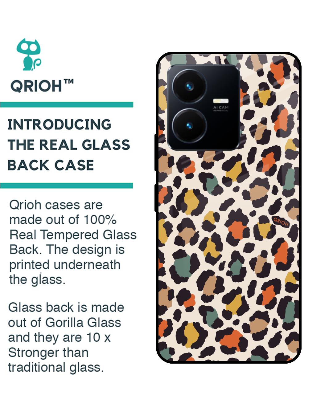 Shop Colorful Leopard Printed Premium Glass Case for Vivo Y22 (Shock Proof,Scratch Resistant)-Back