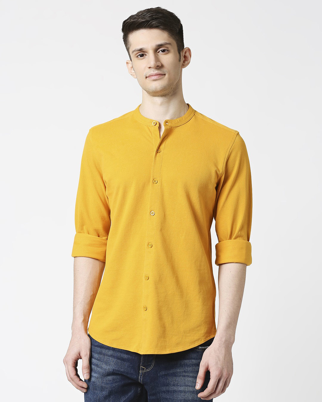 Shop Comfort Stretch Pique Knit Mustard Shirt-Back