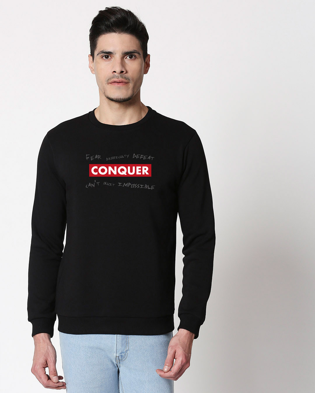 

Conquer Strip Fleece Sweater Black Men' Printed Fleece Sweater Bewakoof.com