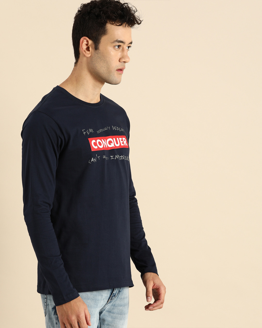 Shop Conquer Strip Full Sleeve T-Shirt Navy Blue-Back