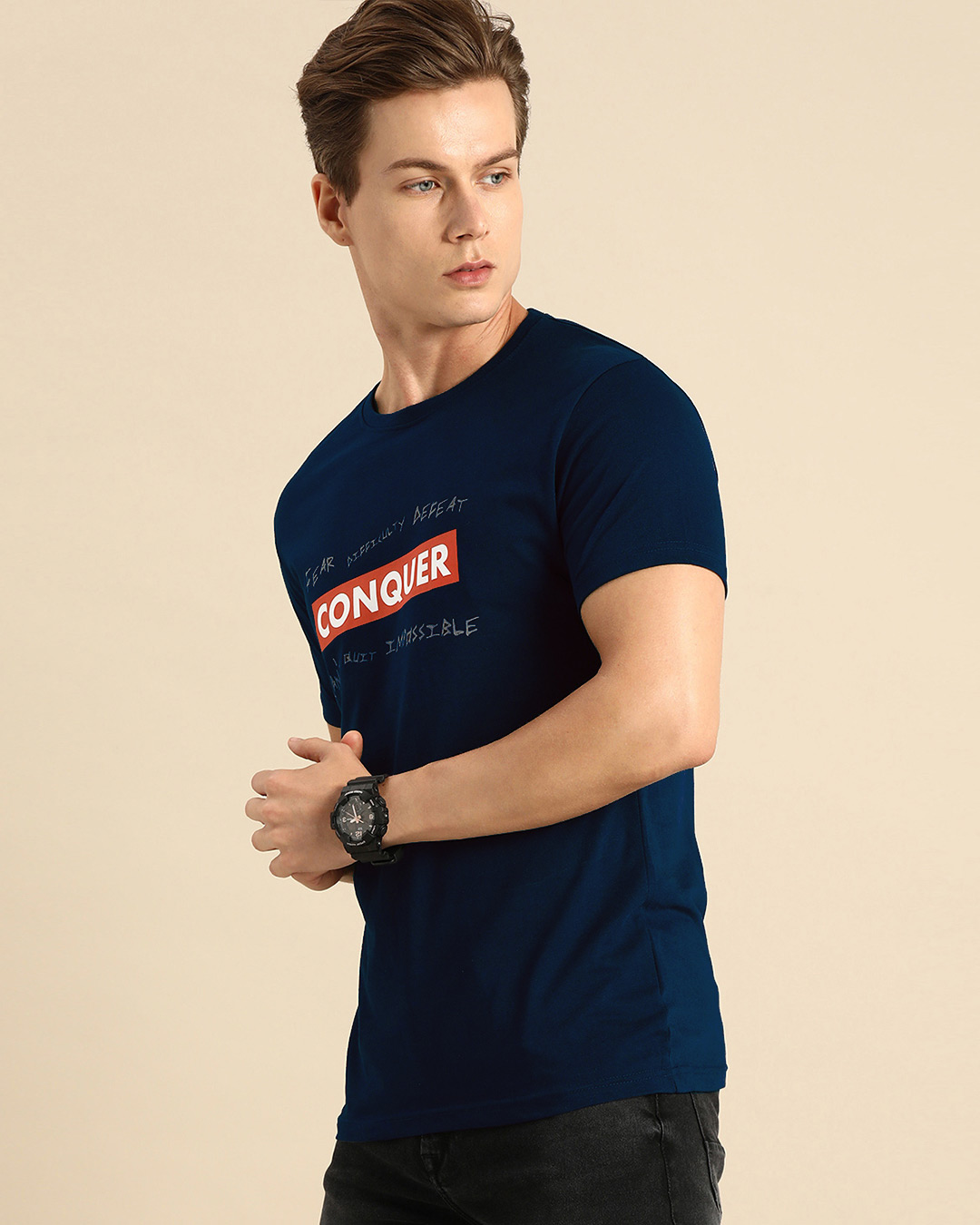 Shop Men's Blue Conquer Strip Typography T-shirt-Back