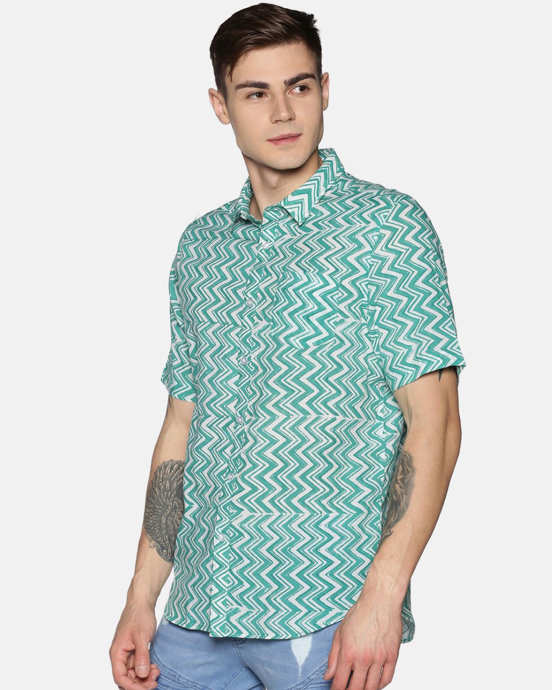 Shop Men Short Sleeve Cotton Printed Jaipuri Block Geometric Sea Green Shirt-Back